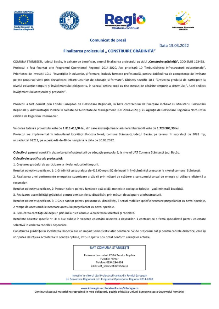 Anunt de presa finalizare proiect Slobozia Noua 123438