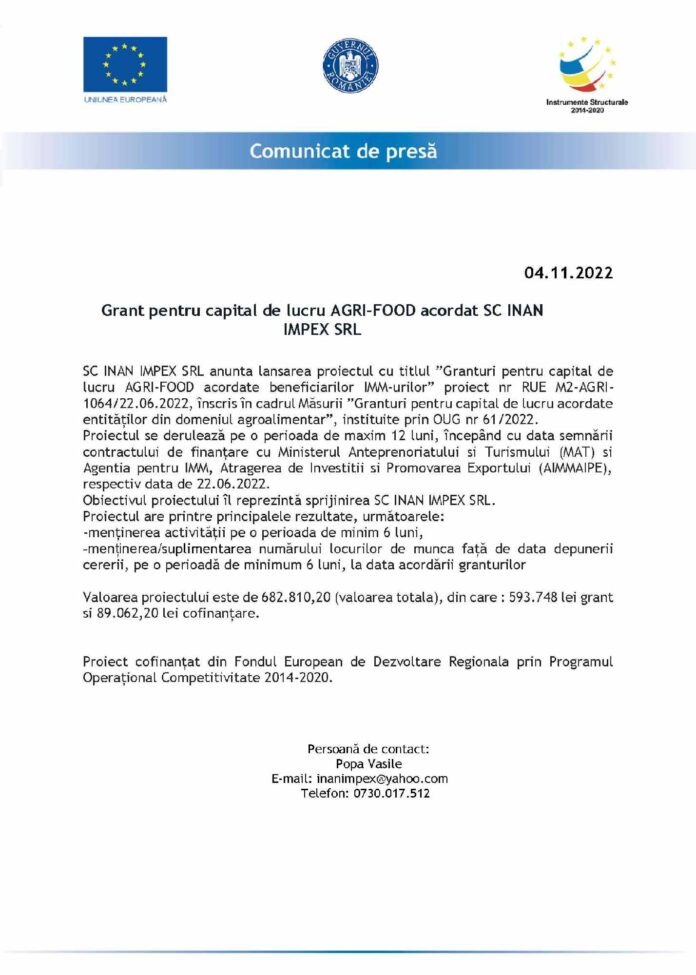 Anunt incepere proiect - INAN IMPEX SRL