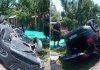 Mașină înmatriculată în Ucraina răsturnată pe E85, la Filipești. Două persoane au ajuns la spital