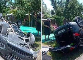 Mașină înmatriculată în Ucraina răsturnată pe E85, la Filipești. Două persoane au ajuns la spital